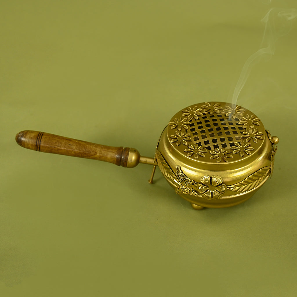 BRASS CHAKRA DIYA (4") + IRON LOBAN & DHOOP BURNER