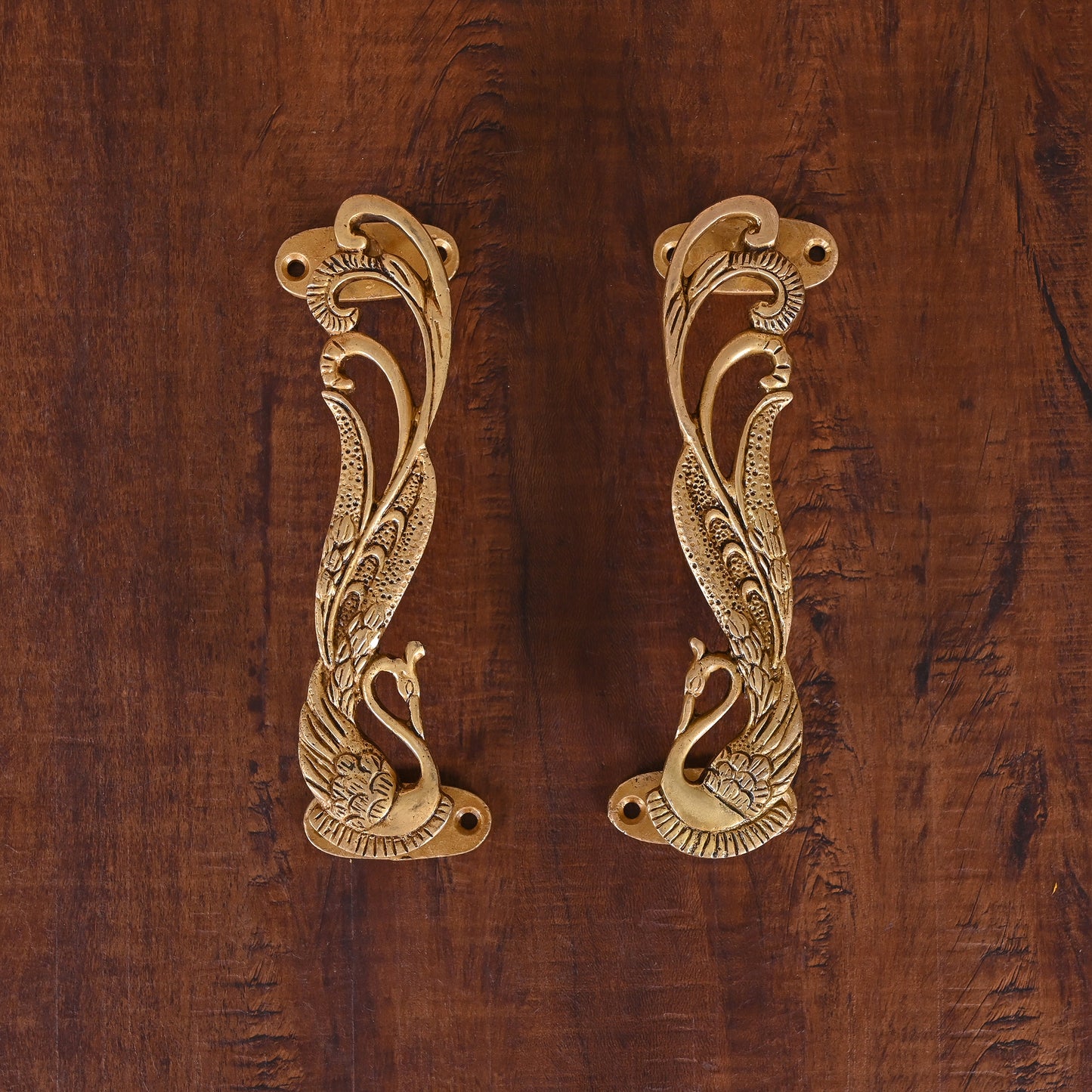 Brass Peacock Design  Door Handle Pair 7"