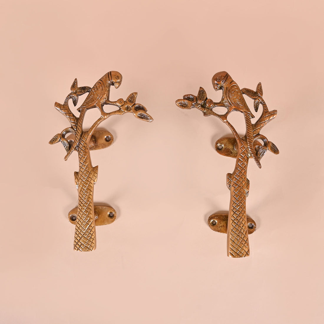 Brass Door Handle Pair Parrot on Tree Design 8"