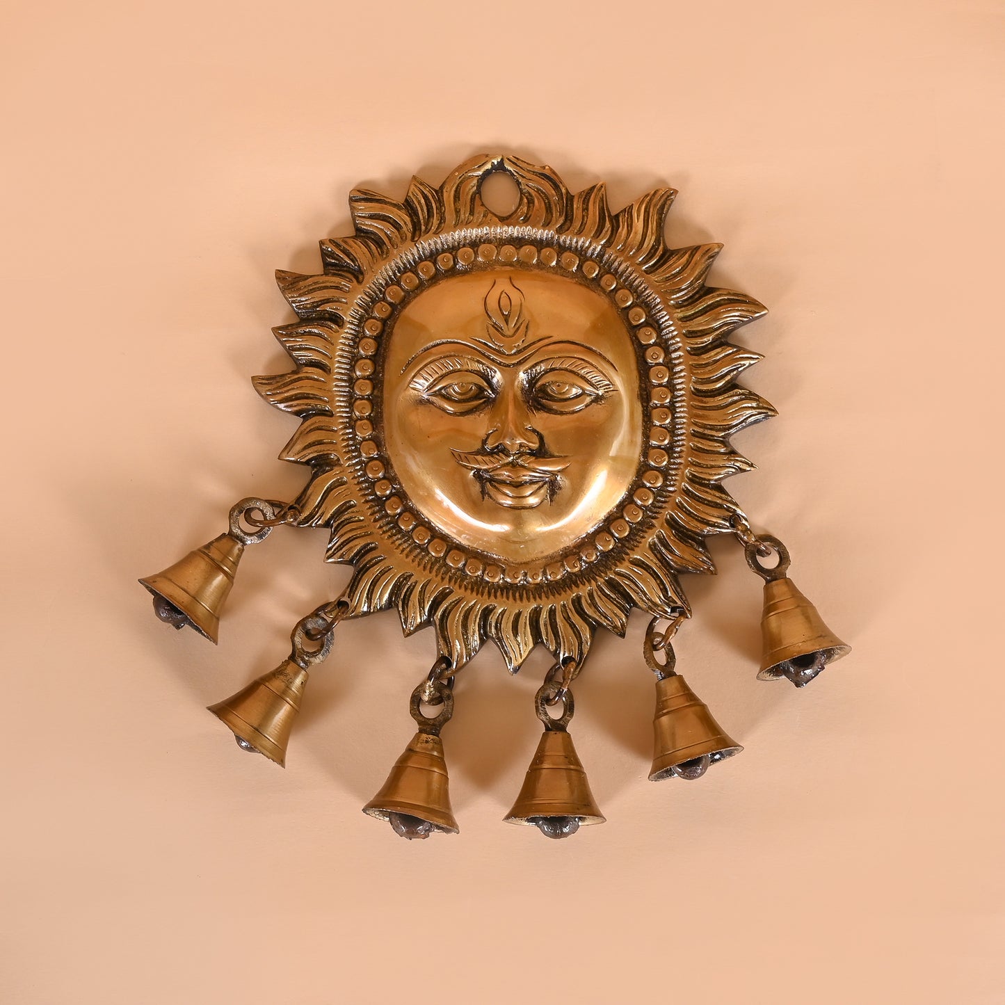 Brass Sun Design Wall Hanging with Bells 7"