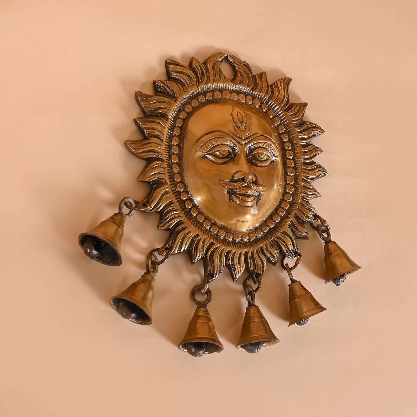 Brass Sun Design Wall Hanging with Bells 7"