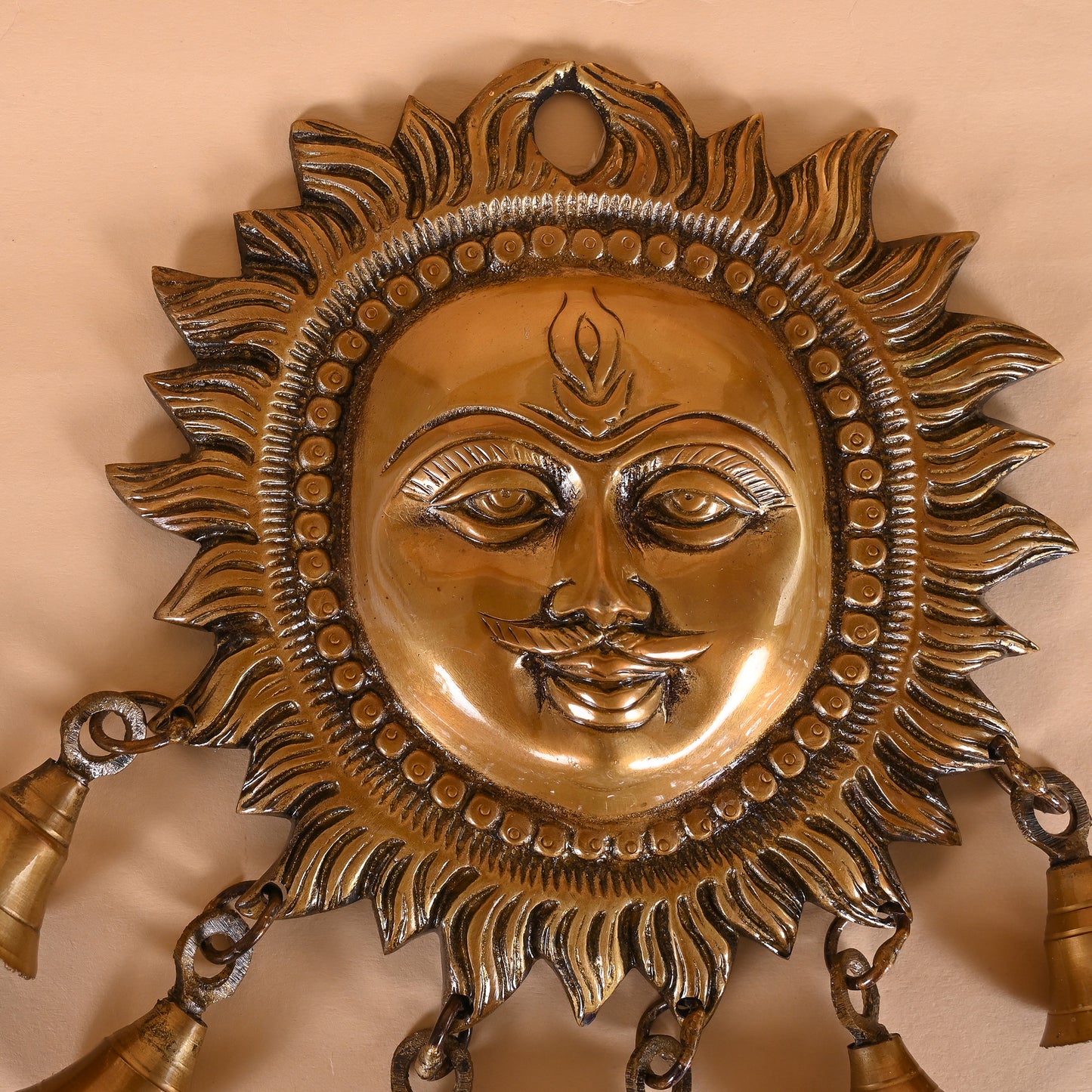 Brass Sun Design Wall Hanging with Bells 7"