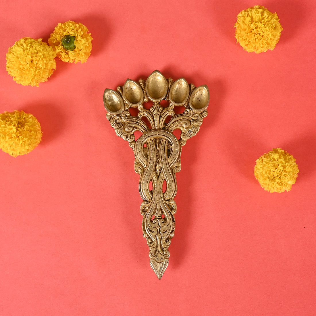 Brass Sheshnag Design Five Oil Wick Pooja Spoon