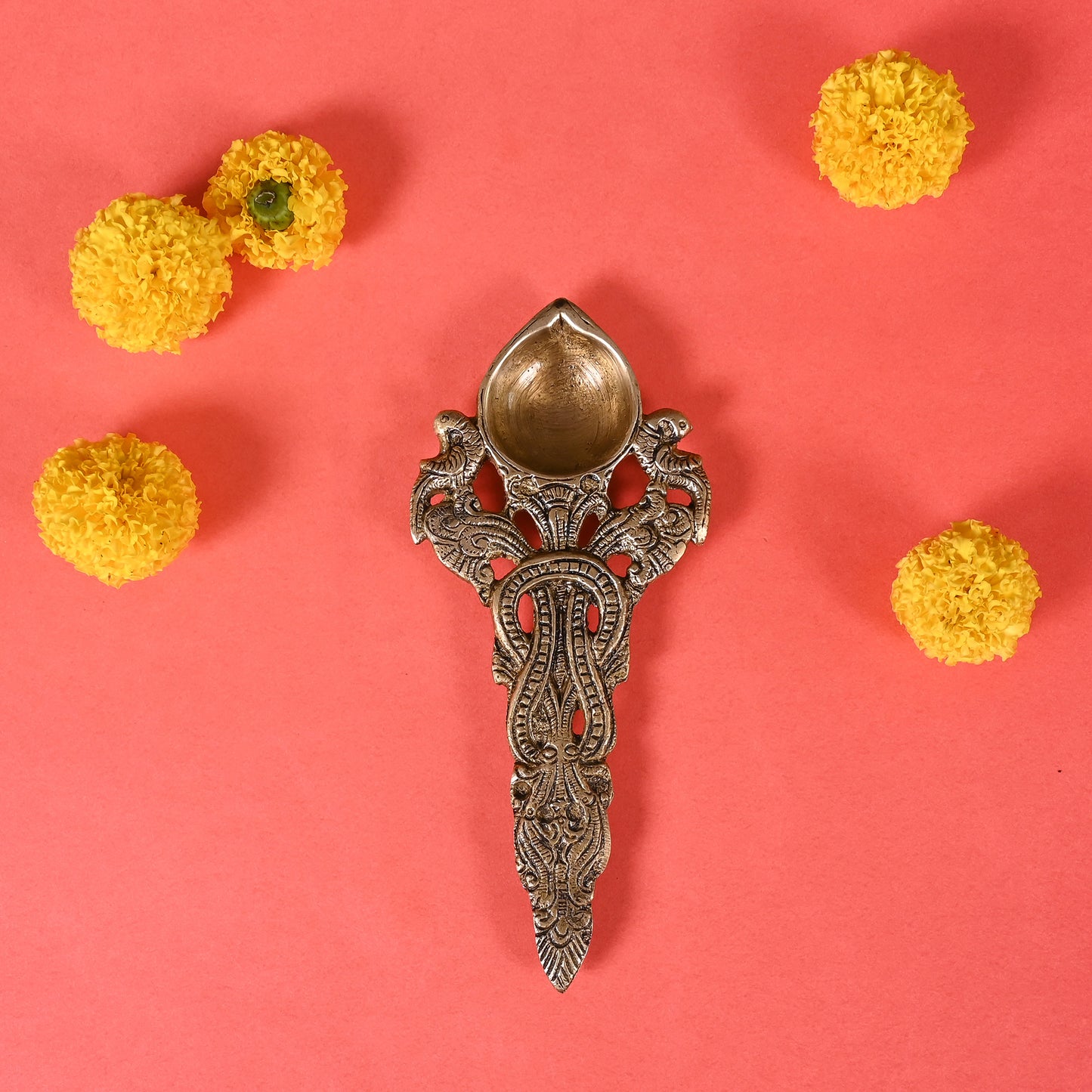 Brass Twin Peacock Design Round  Pooja Aarti Spoon