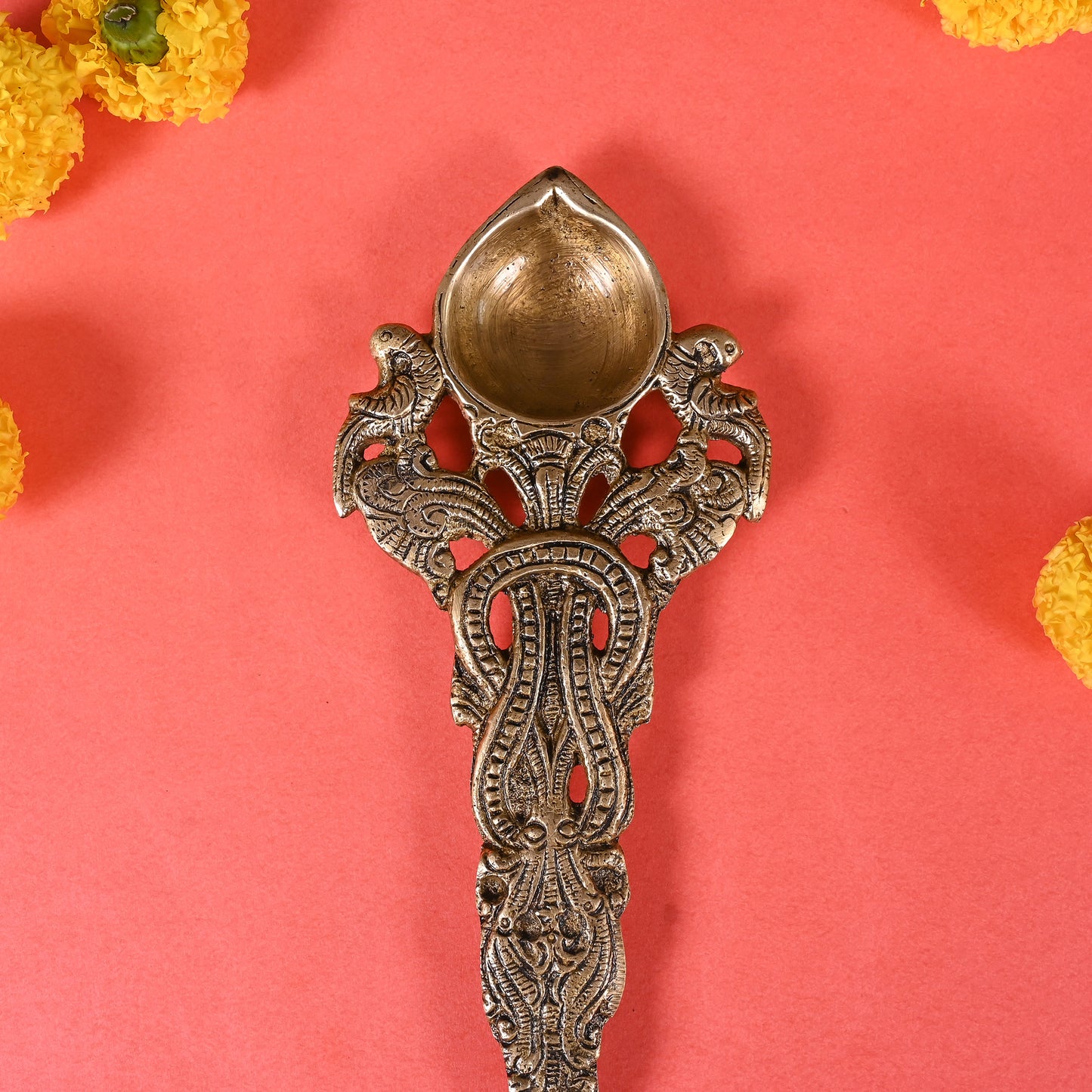 Brass Twin Peacock Design Round  Pooja Aarti Spoon