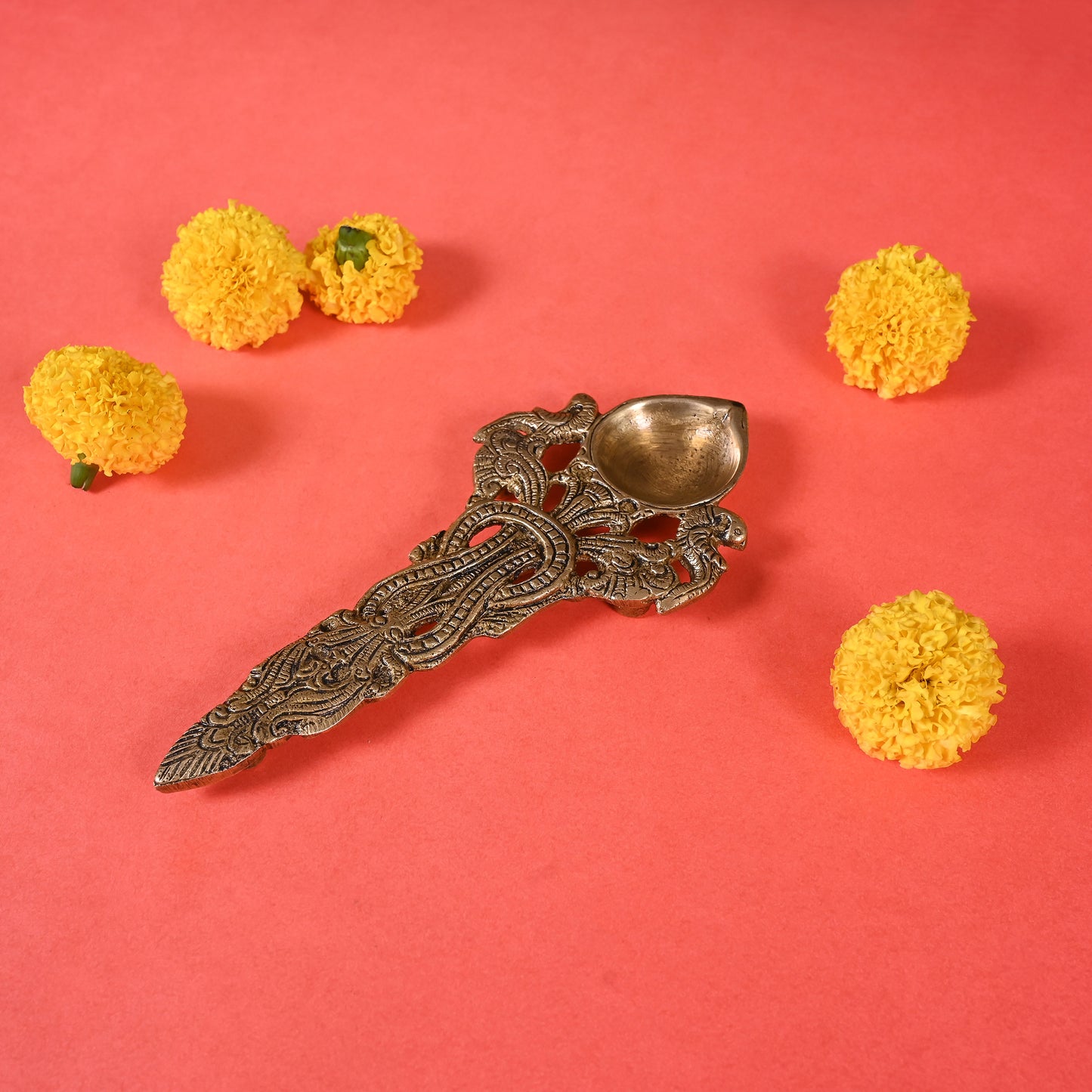 Brass Twin Peacock Design Round  Pooja Aarti Spoon