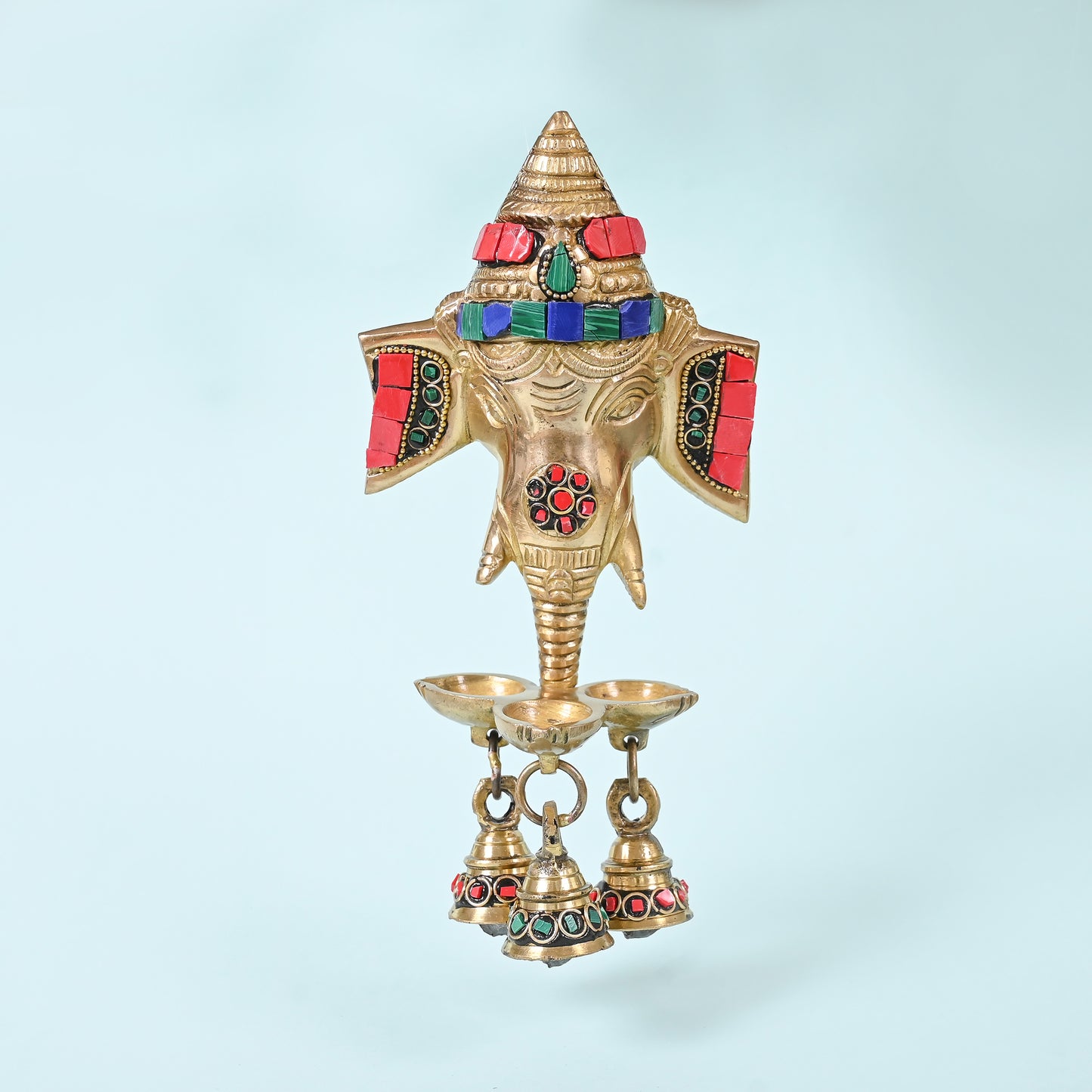 Brass Gemstone Work Ganesha Wall Hanging Diya with Bells