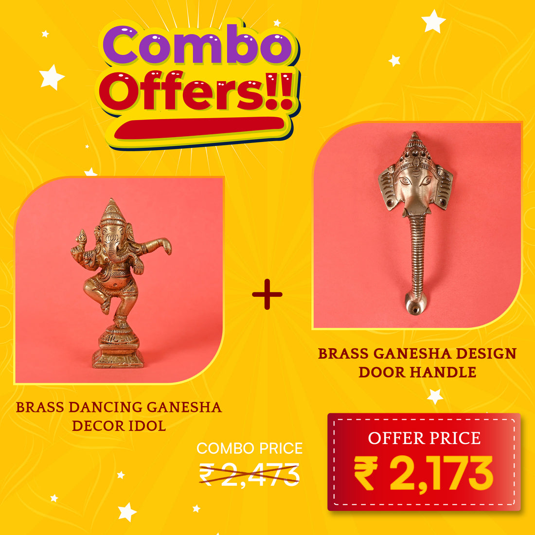 BRASS GANESHA DESIGN DOOR HANDLE + BRASS DANCING GANESHA DECOR IDOL