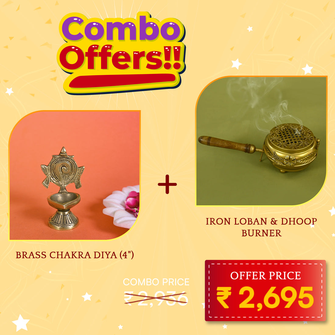 BRASS CHAKRA DIYA (4") + IRON LOBAN & DHOOP BURNER