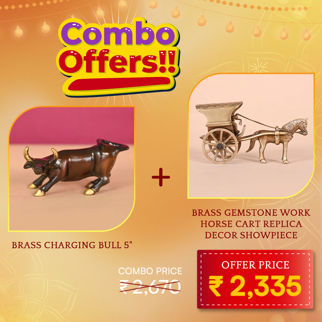 BRASS CHARGING BULL (5") + BRASS GEMSTONE WORK HORSE CART REPLICA DECOR SHOWPIECE