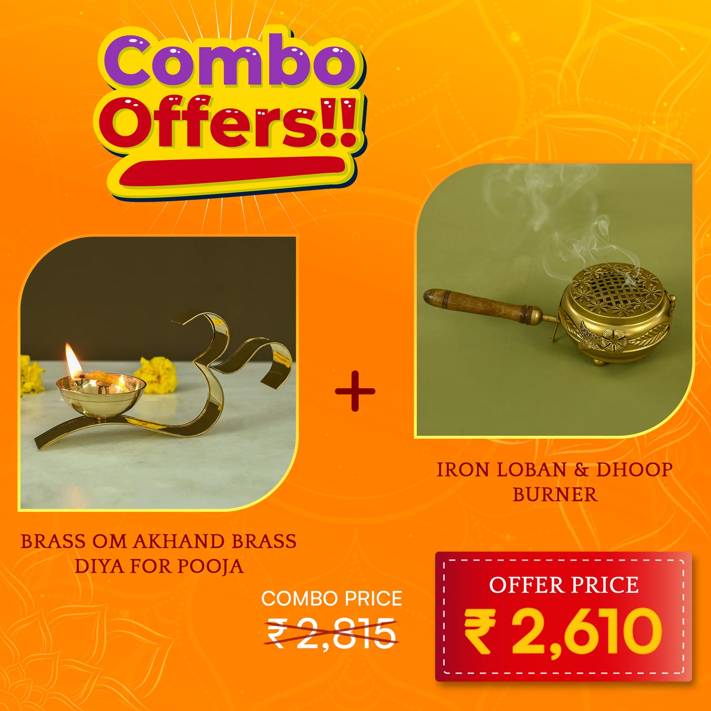 BRASS OM AKHAND BRASS DIYA FOR POOJA + IRON LOBAN & DHOOP BURNER