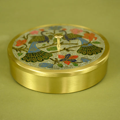 Brass Engraved Masala Box - Peacock