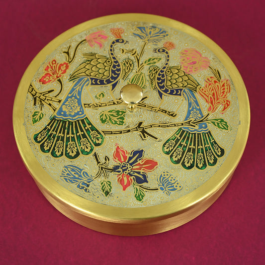Brass Engraved Masala Box - Peacock