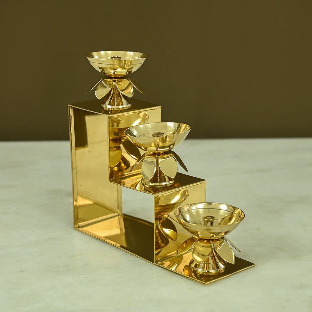 Brass Lotus Diyas with Three Step Stand