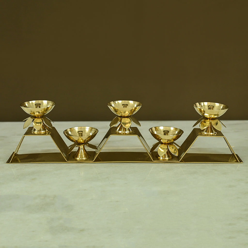 Brass Five Flower Diya with Stand