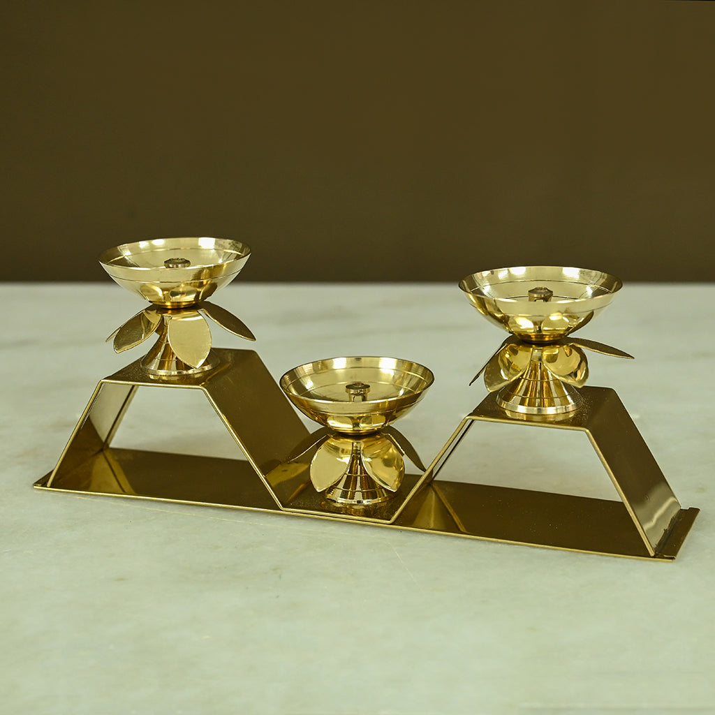 Brass Three Flower Diya with Stand