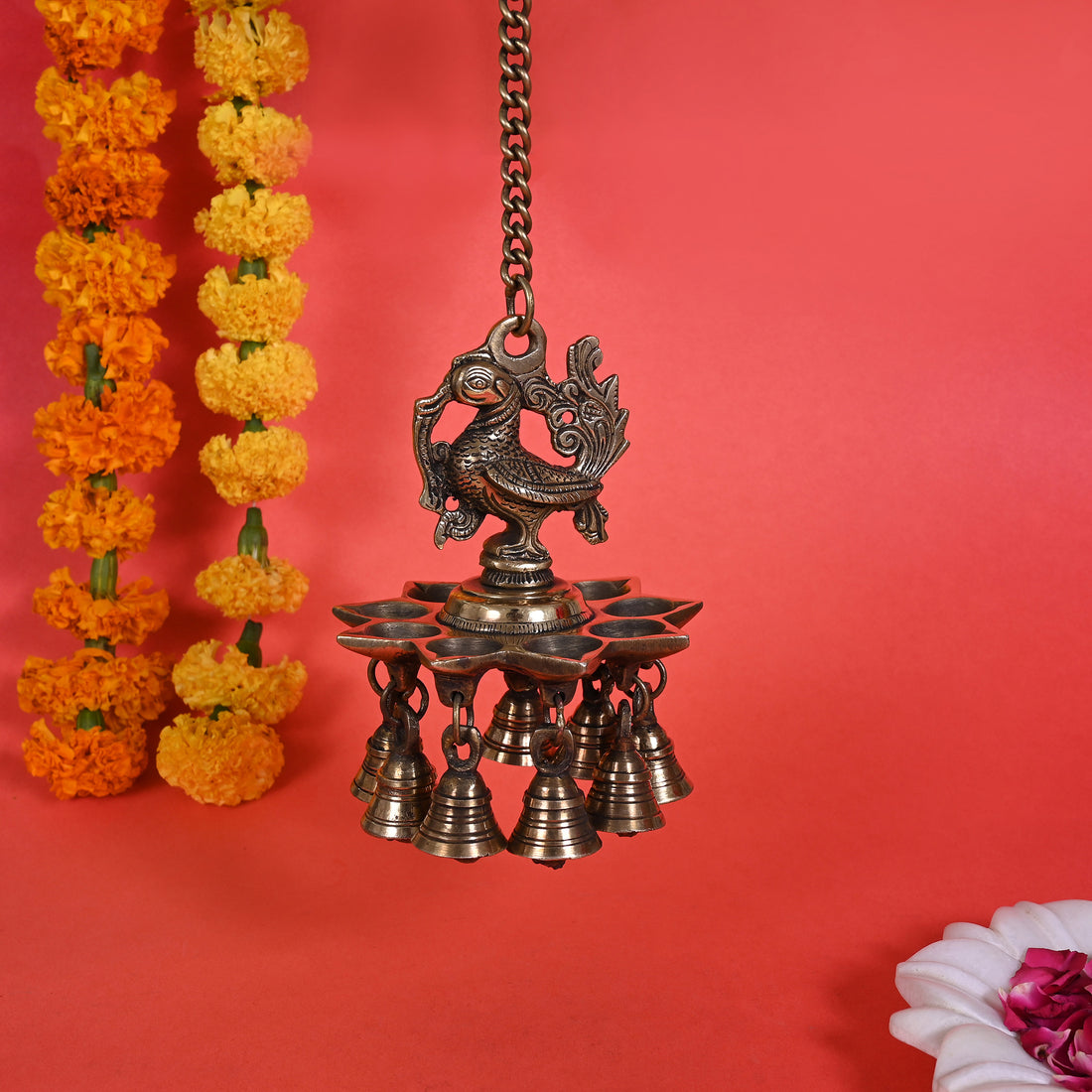 Brass Peacock Hanging Diya With Bells ( 20" )