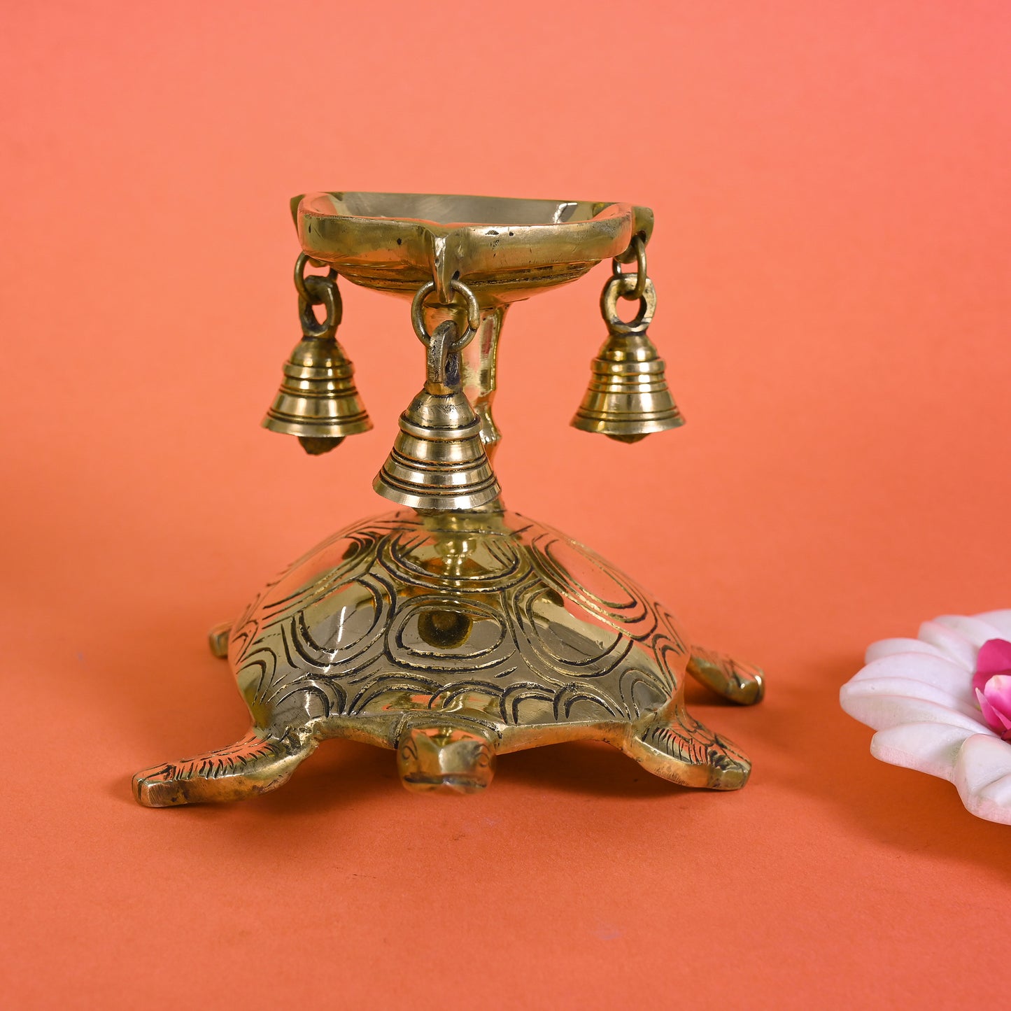 Brass Tortoise Diya With Bells ( 5" )