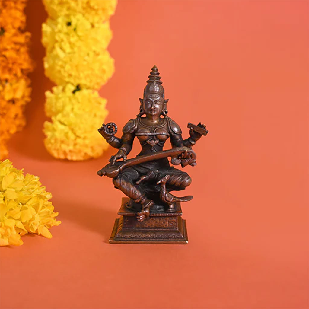 Handmade Copper Godess Saraswati Idol ( 4" )