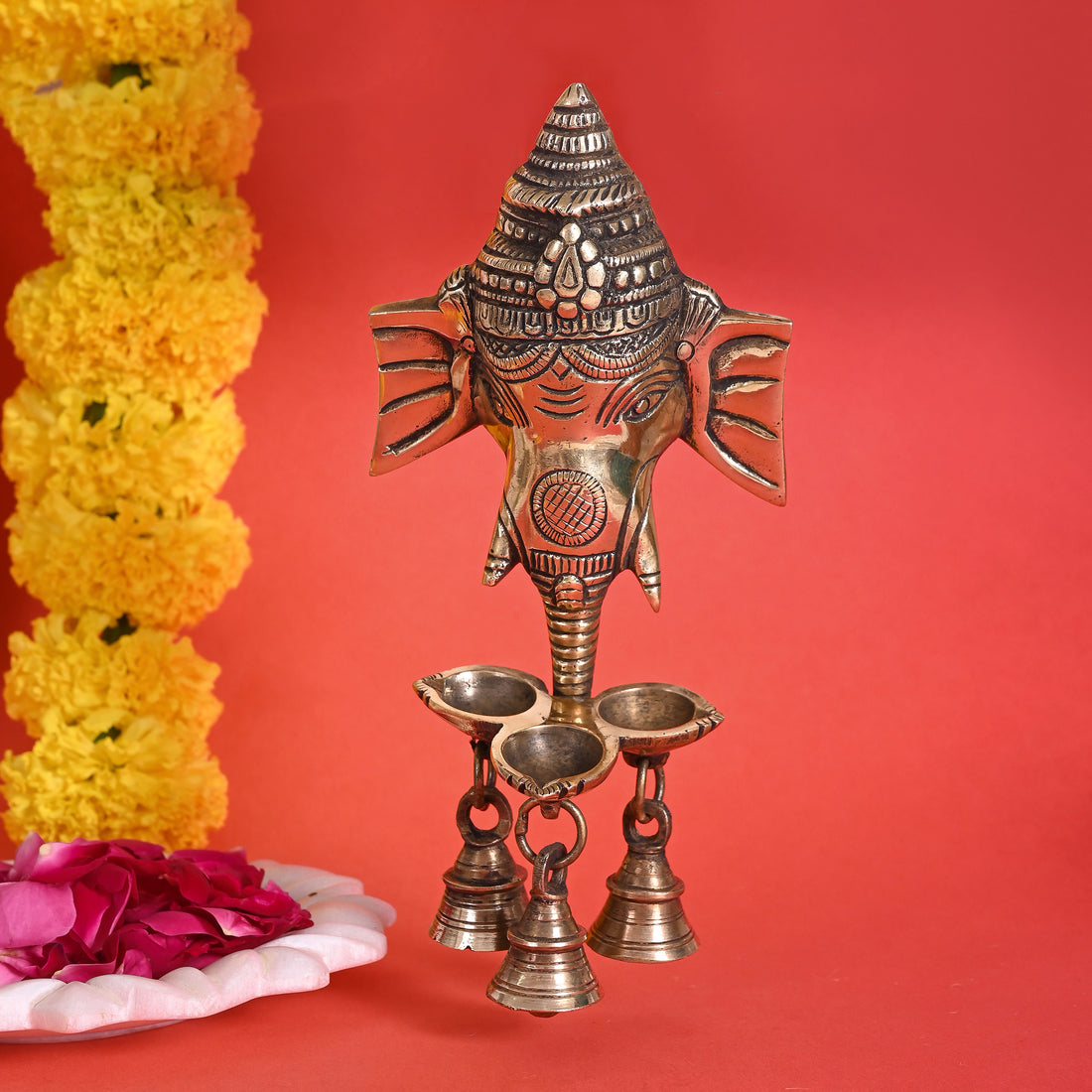 Brass Ganpati with Hanging diya and Bells (8.5")