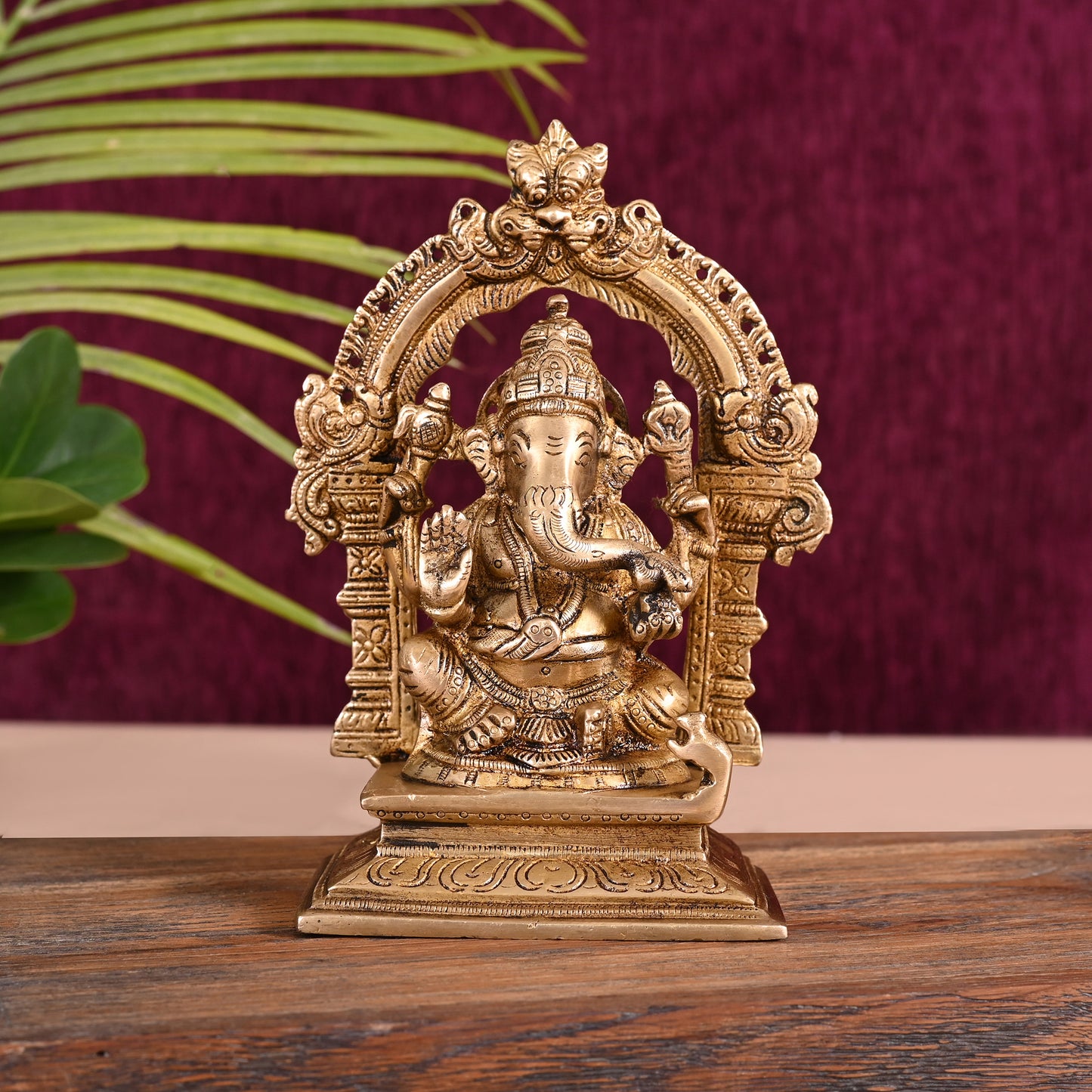 Brass Ganesh Idol Seated On Throne (7")