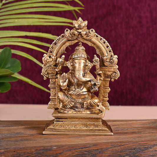 Brass Ganesh Idol Seated On Throne (7")