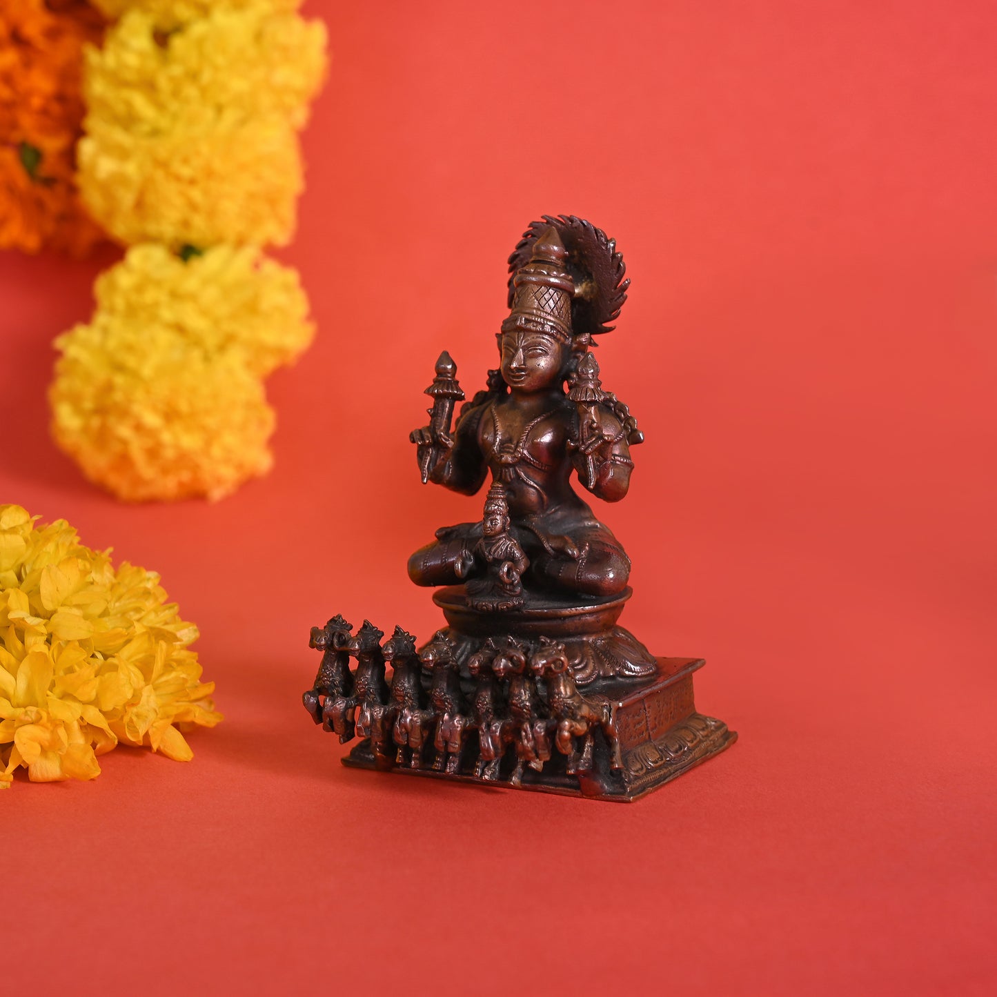 Copper Lord Surya Idol on His Seven Horses Chariot ( 4" )