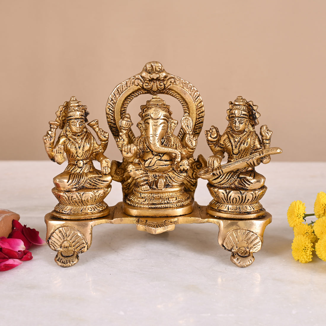 Brass Lakshmi Ganesh Saraswati Idol (5.5")