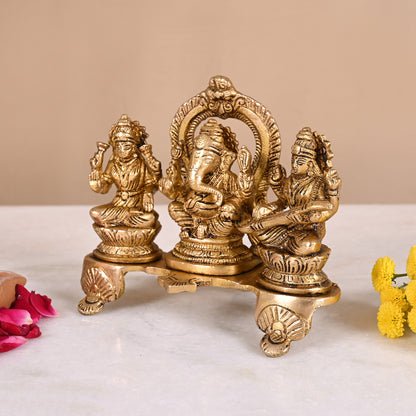 Brass Lakshmi Ganesh Saraswati Idol (5.5")