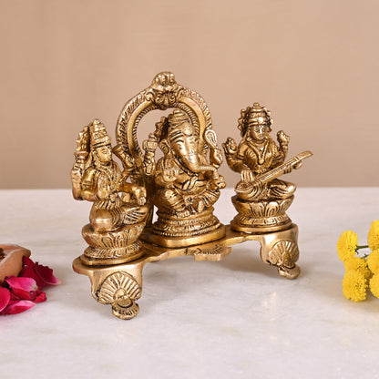 Brass Lakshmi Ganesh Saraswati Idol (5.5")