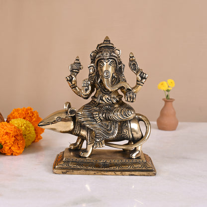 Brass Ganesha on Mushak (7")