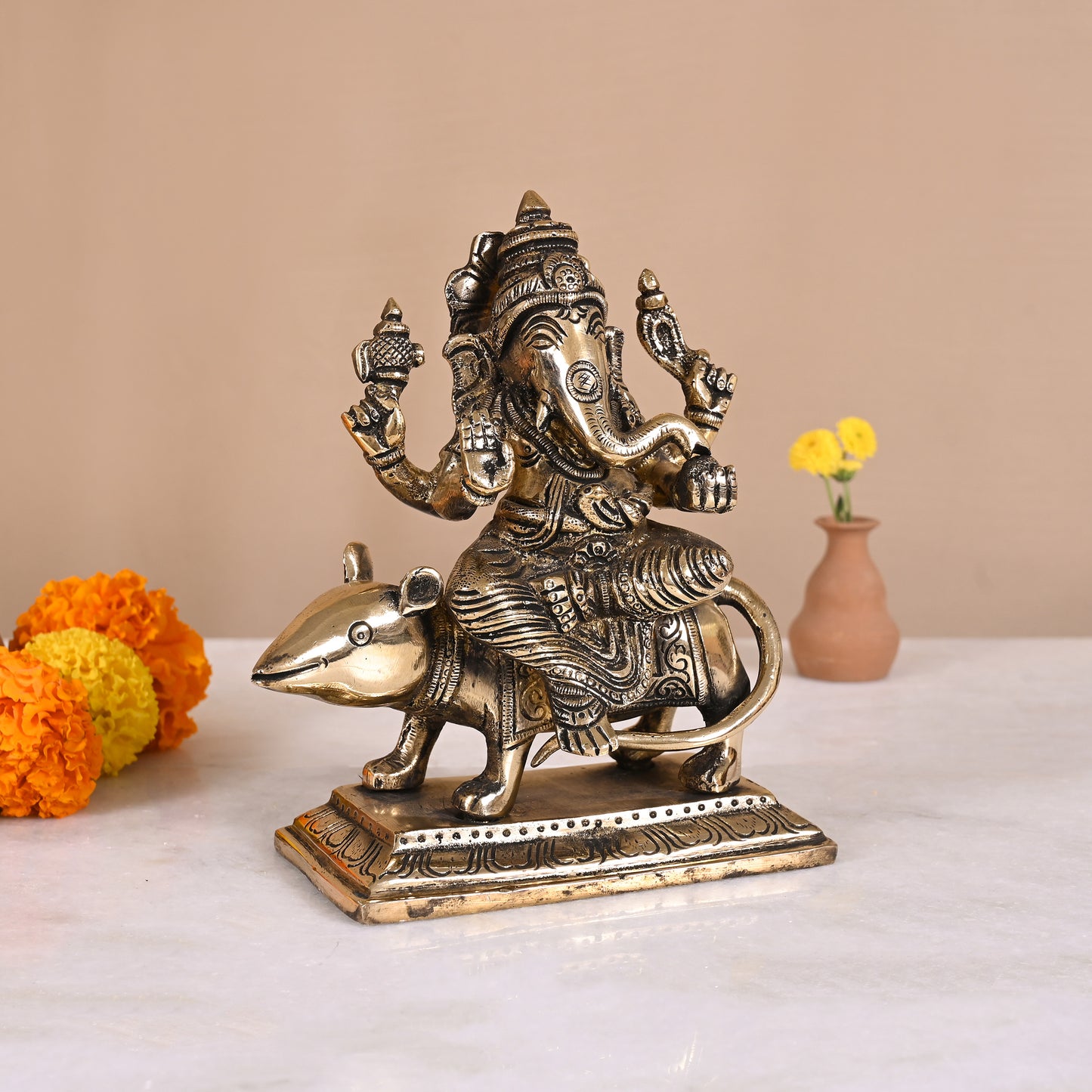 Brass Ganesha on Mushak (7")