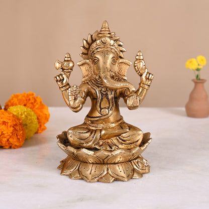 Brass Ganesha Sitting on Lotus (6")