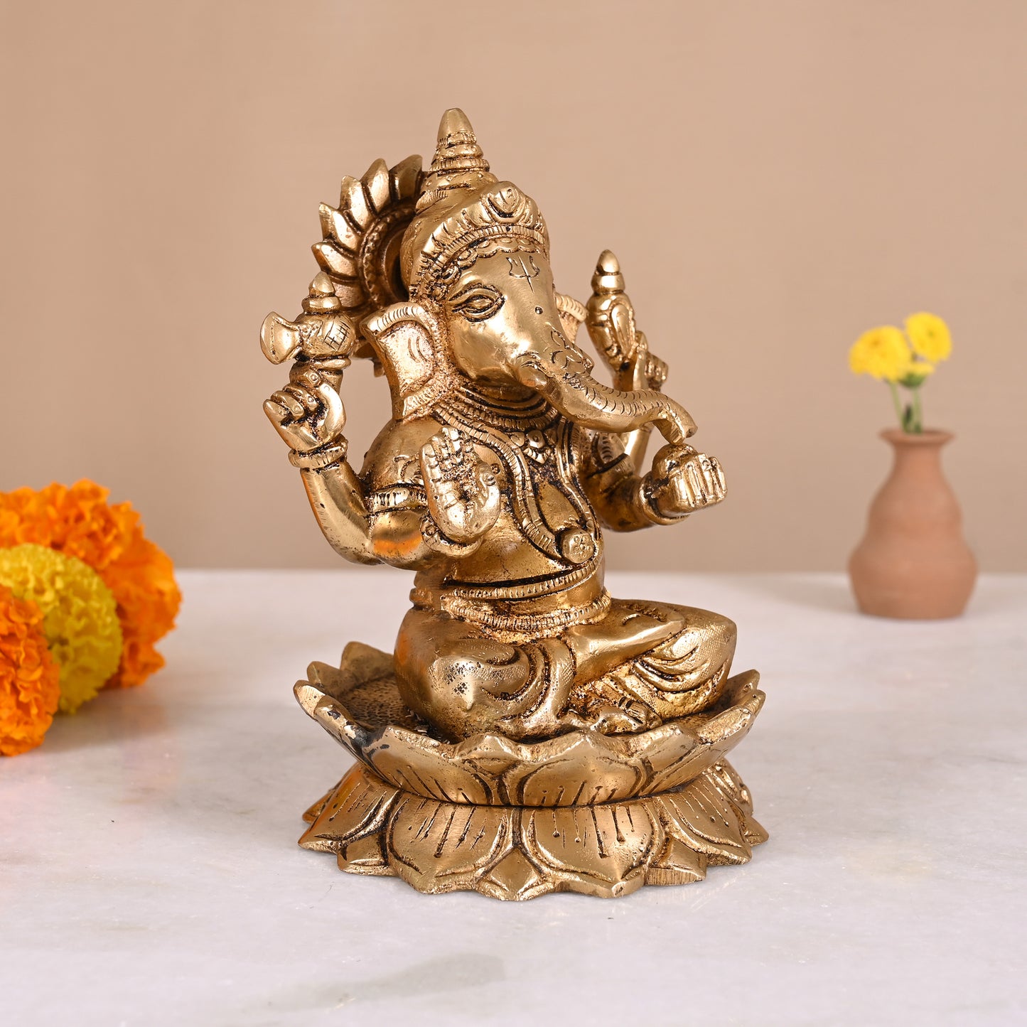 Brass Ganesha Sitting on Lotus (6")